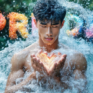 AI-generated Pride celebration art — handsome men at vibrant LGBTQ+ Pride parades, embellished with rainbow colors, walking with pride, and celebrating love. By Jeff Dupler.