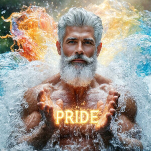 AI-generated Pride celebration art — handsome men at vibrant LGBTQ+ Pride parades, embellished with rainbow colors, walking with pride, and celebrating love. By Jeff Dupler.