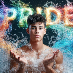 AI-generated Pride celebration art — handsome men at vibrant LGBTQ+ Pride parades, embellished with rainbow colors, walking with pride, and celebrating love. By Jeff Dupler.