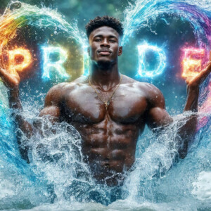 AI-generated Pride celebration art — handsome men at vibrant LGBTQ+ Pride parades, embellished with rainbow colors, walking with pride, and celebrating love. By Jeff Dupler.