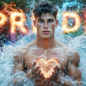 AI-generated Pride celebration art — handsome men at vibrant LGBTQ+ Pride parades, embellished with rainbow colors, walking with pride, and celebrating love. By Jeff Dupler.