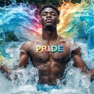 AI-generated Pride celebration art — handsome men at vibrant LGBTQ+ Pride parades, embellished with rainbow colors, walking with pride, and celebrating love. By Jeff Dupler.