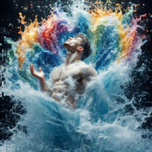 AI-generated Pride celebration art — handsome men at vibrant LGBTQ+ Pride parades, embellished with rainbow colors, walking with pride, and celebrating love. By Jeff Dupler.