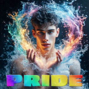 AI-generated Pride celebration art — handsome men at vibrant LGBTQ+ Pride parades, embellished with rainbow colors, walking with pride, and celebrating love. By Jeff Dupler.