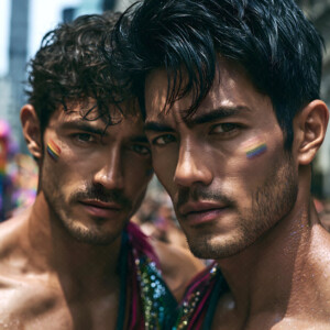 AI-generated Pride celebration art handsome men at vibrant LGBTQ+ Pride parades, embellished with rainbow colors, walking with pride, and celebrating love. By Jeff Dupler.