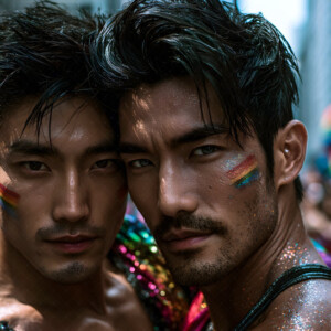 AI-generated Pride celebration art handsome men at vibrant LGBTQ+ Pride parades, embellished with rainbow colors, walking with pride, and celebrating love. By Jeff Dupler.
