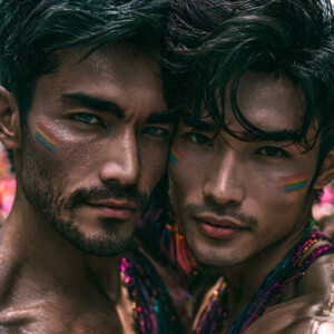 AI-generated Pride celebration art handsome men at vibrant LGBTQ+ Pride parades, embellished with rainbow colors, walking with pride, and celebrating love. By Jeff Dupler.