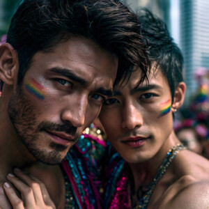 AI-generated Pride celebration art handsome men at vibrant LGBTQ+ Pride parades, embellished with rainbow colors, walking with pride, and celebrating love. By Jeff Dupler.