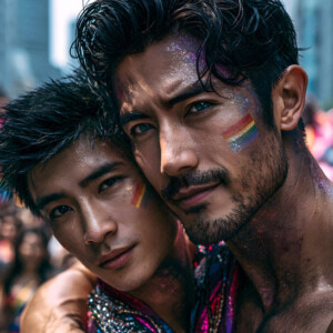 AI-generated Pride celebration art handsome men at vibrant LGBTQ+ Pride parades, embellished with rainbow colors, walking with pride, and celebrating love. By Jeff Dupler.