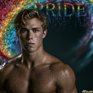 AI-generated Pride celebration art handsome men at vibrant LGBTQ+ Pride parades, embellished with rainbow colors, walking with pride, and celebrating love. By Jeff Dupler.