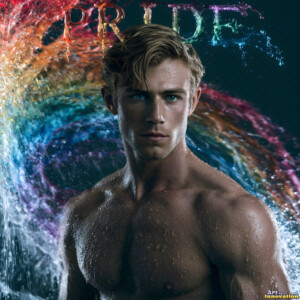 AI-generated Pride celebration art handsome men at vibrant LGBTQ+ Pride parades, embellished with rainbow colors, walking with pride, and celebrating love. By Jeff Dupler.