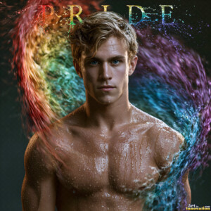 AI-generated Pride celebration art handsome men at vibrant LGBTQ+ Pride parades, embellished with rainbow colors, walking with pride, and celebrating love. By Jeff Dupler.