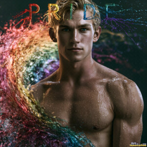 AI-generated Pride celebration art handsome men at vibrant LGBTQ+ Pride parades, embellished with rainbow colors, walking with pride, and celebrating love. By Jeff Dupler.