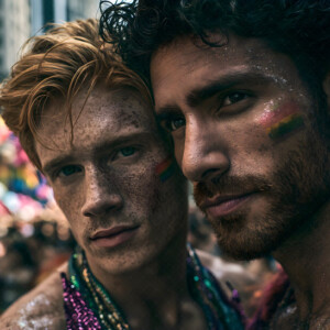 AI-generated Pride celebration art handsome men at vibrant LGBTQ+ Pride parades, embellished with rainbow colors, walking with pride, and celebrating love. By Jeff Dupler.