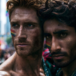 AI-generated Pride celebration art handsome men at vibrant LGBTQ+ Pride parades, embellished with rainbow colors, walking with pride, and celebrating love. By Jeff Dupler.
