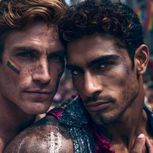 AI-generated Pride celebration art handsome men at vibrant LGBTQ+ Pride parades, embellished with rainbow colors, walking with pride, and celebrating love. By Jeff Dupler.