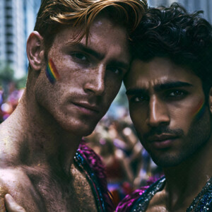 AI-generated Pride celebration art handsome men at vibrant LGBTQ+ Pride parades, embellished with rainbow colors, walking with pride, and celebrating love. By Jeff Dupler.