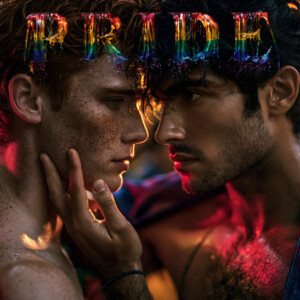 AI-generated Pride celebration art handsome men at vibrant LGBTQ+ Pride parades, embellished with rainbow colors, walking with pride, and celebrating love. By Jeff Dupler.