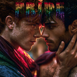 AI-generated Pride celebration art handsome men at vibrant LGBTQ+ Pride parades, embellished with rainbow colors, walking with pride, and celebrating love. By Jeff Dupler.