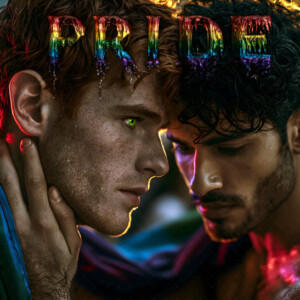 AI-generated Pride celebration art handsome men at vibrant LGBTQ+ Pride parades, embellished with rainbow colors, walking with pride, and celebrating love. By Jeff Dupler.
