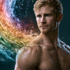 AI-generated Pride celebration art handsome men at vibrant LGBTQ+ Pride parades, embellished with rainbow colors, walking with pride, and celebrating love. By Jeff Dupler.