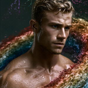AI-generated Pride celebration art handsome men at vibrant LGBTQ+ Pride parades, embellished with rainbow colors, walking with pride, and celebrating love. By Jeff Dupler.
