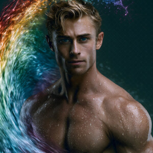 AI-generated Pride celebration art handsome men at vibrant LGBTQ+ Pride parades, embellished with rainbow colors, walking with pride, and celebrating love. By Jeff Dupler.