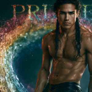 AI-generated Pride celebration art handsome men at vibrant LGBTQ+ Pride parades, embellished with rainbow colors, walking with pride, and celebrating love. By Jeff Dupler.