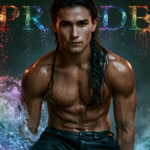 AI-generated Pride celebration art handsome men at vibrant LGBTQ+ Pride parades, embellished with rainbow colors, walking with pride, and celebrating love. By Jeff Dupler.