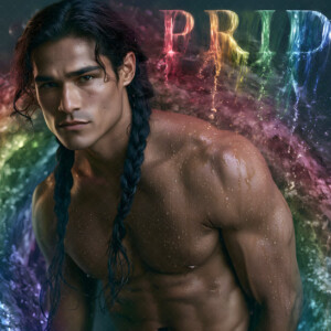 AI-generated Pride celebration art handsome men at vibrant LGBTQ+ Pride parades, embellished with rainbow colors, walking with pride, and celebrating love. By Jeff Dupler.