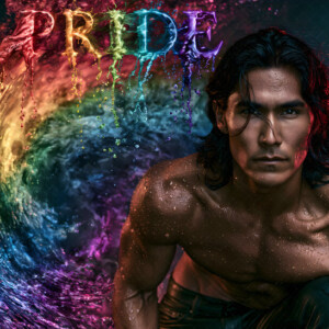 AI-generated Pride celebration art handsome men at vibrant LGBTQ+ Pride parades, embellished with rainbow colors, walking with pride, and celebrating love. By Jeff Dupler.