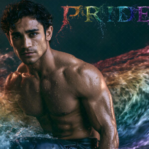 AI-generated Pride celebration art handsome men at vibrant LGBTQ+ Pride parades, embellished with rainbow colors, walking with pride, and celebrating love. By Jeff Dupler.