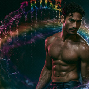 AI-generated Pride celebration art handsome men at vibrant LGBTQ+ Pride parades, embellished with rainbow colors, walking with pride, and celebrating love. By Jeff Dupler.