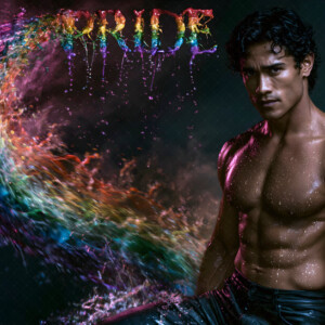 AI-generated Pride celebration art handsome men at vibrant LGBTQ+ Pride parades, embellished with rainbow colors, walking with pride, and celebrating love. By Jeff Dupler.