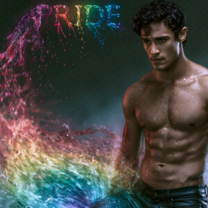 AI-generated Pride celebration art handsome men at vibrant LGBTQ+ Pride parades, embellished with rainbow colors, walking with pride, and celebrating love. By Jeff Dupler.