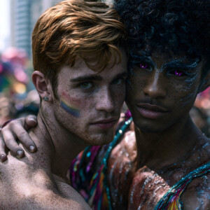 AI-generated Pride celebration art handsome men at vibrant LGBTQ+ Pride parades, embellished with rainbow colors, walking with pride, and celebrating love. By Jeff Dupler.