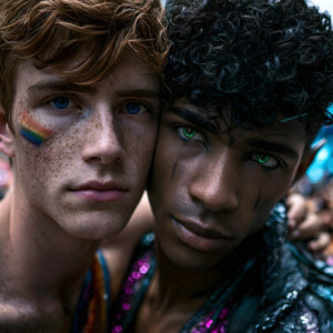 AI-generated Pride celebration art handsome men at vibrant LGBTQ+ Pride parades, embellished with rainbow colors, walking with pride, and celebrating love. By Jeff Dupler.