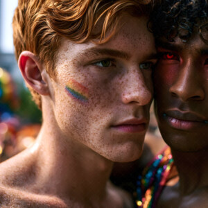AI-generated Pride celebration art handsome men at vibrant LGBTQ+ Pride parades, embellished with rainbow colors, walking with pride, and celebrating love. By Jeff Dupler.