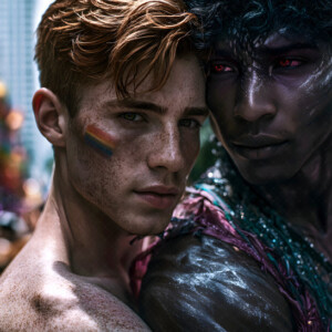 AI-generated Pride celebration art handsome men at vibrant LGBTQ+ Pride parades, embellished with rainbow colors, walking with pride, and celebrating love. By Jeff Dupler.