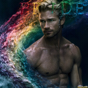 AI-generated Pride celebration art handsome men at vibrant LGBTQ+ Pride parades, embellished with rainbow colors, walking with pride, and celebrating love. By Jeff Dupler.