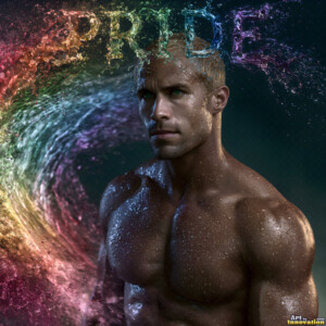 AI-generated Pride celebration art handsome men at vibrant LGBTQ+ Pride parades, embellished with rainbow colors, walking with pride, and celebrating love. By Jeff Dupler.
