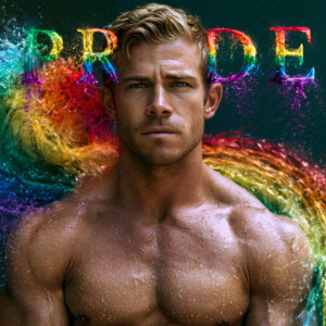 AI-generated Pride celebration art handsome men at vibrant LGBTQ+ Pride parades, embellished with rainbow colors, walking with pride, and celebrating love. By Jeff Dupler.