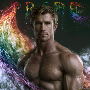 AI-generated Pride celebration art handsome men at vibrant LGBTQ+ Pride parades, embellished with rainbow colors, walking with pride, and celebrating love. By Jeff Dupler.