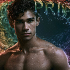 AI-generated Pride celebration art handsome men at vibrant LGBTQ+ Pride parades, embellished with rainbow colors, walking with pride, and celebrating love. By Jeff Dupler.