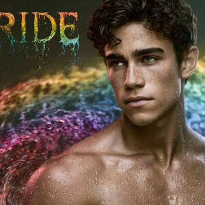 AI-generated Pride celebration art handsome men at vibrant LGBTQ+ Pride parades, embellished with rainbow colors, walking with pride, and celebrating love. By Jeff Dupler.
