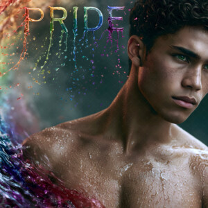 AI-generated Pride celebration art handsome men at vibrant LGBTQ+ Pride parades, embellished with rainbow colors, walking with pride, and celebrating love. By Jeff Dupler.