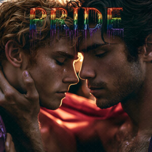 AI-generated Pride celebration art handsome men at vibrant LGBTQ+ Pride parades, embellished with rainbow colors, walking with pride, and celebrating love. By Jeff Dupler.