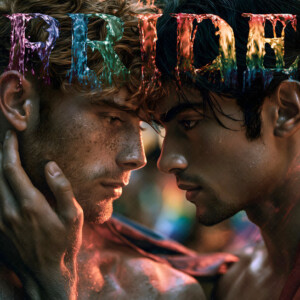 AI-generated Pride celebration art handsome men at vibrant LGBTQ+ Pride parades, embellished with rainbow colors, walking with pride, and celebrating love. By Jeff Dupler.