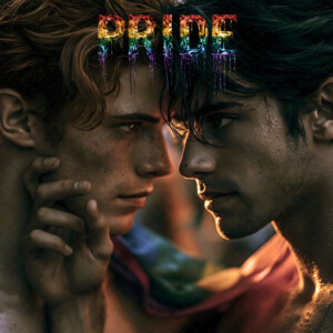 AI-generated Pride celebration art handsome men at vibrant LGBTQ+ Pride parades, embellished with rainbow colors, walking with pride, and celebrating love. By Jeff Dupler.