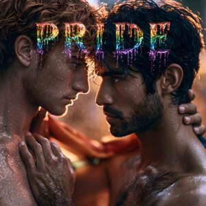 AI-generated Pride celebration art handsome men at vibrant LGBTQ+ Pride parades, embellished with rainbow colors, walking with pride, and celebrating love. By Jeff Dupler.